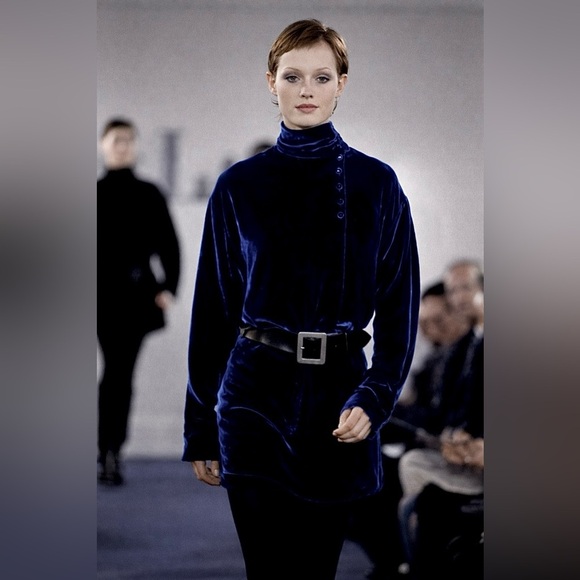 Ralph Lauren Purple Label Dresses & Skirts - Vintage Ralph Lauren Silk Velvet Tunic Mini Dress Button Collar Turtleneck 90s 6